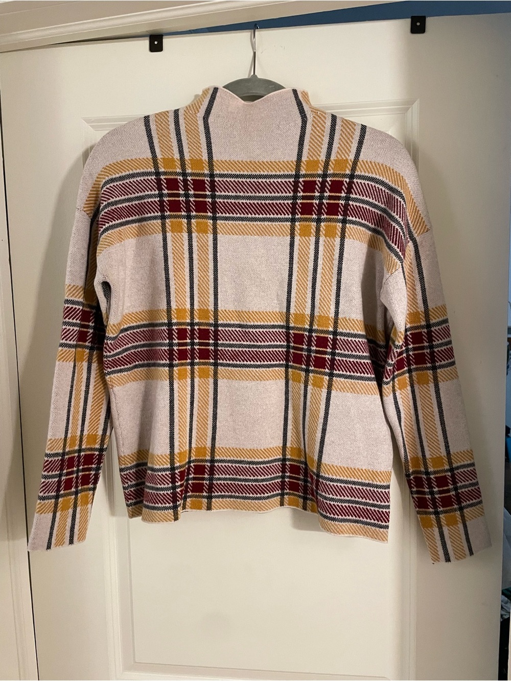 Tahari Cream Plaid Turtleneck Sweater with Mustard & Burgundy Stripes